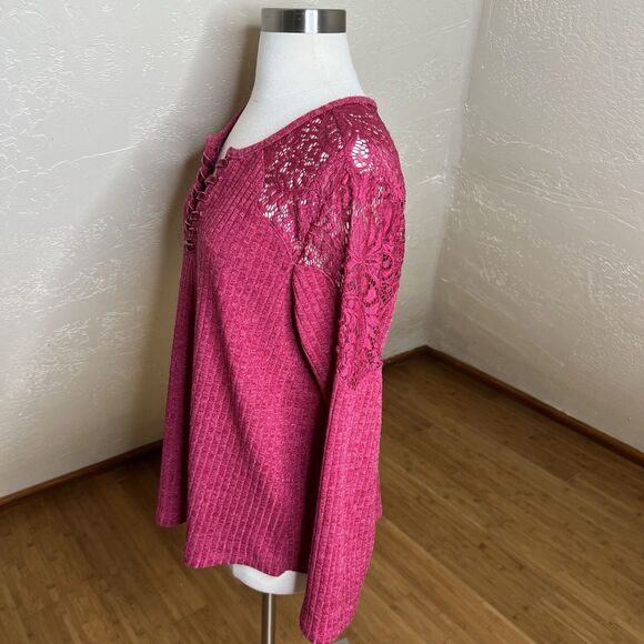 Democracy Sweater Top Womens 1X Pink Ribbed Lace Up Long Sleeve Lace Shoulders - Picture 7 of 8